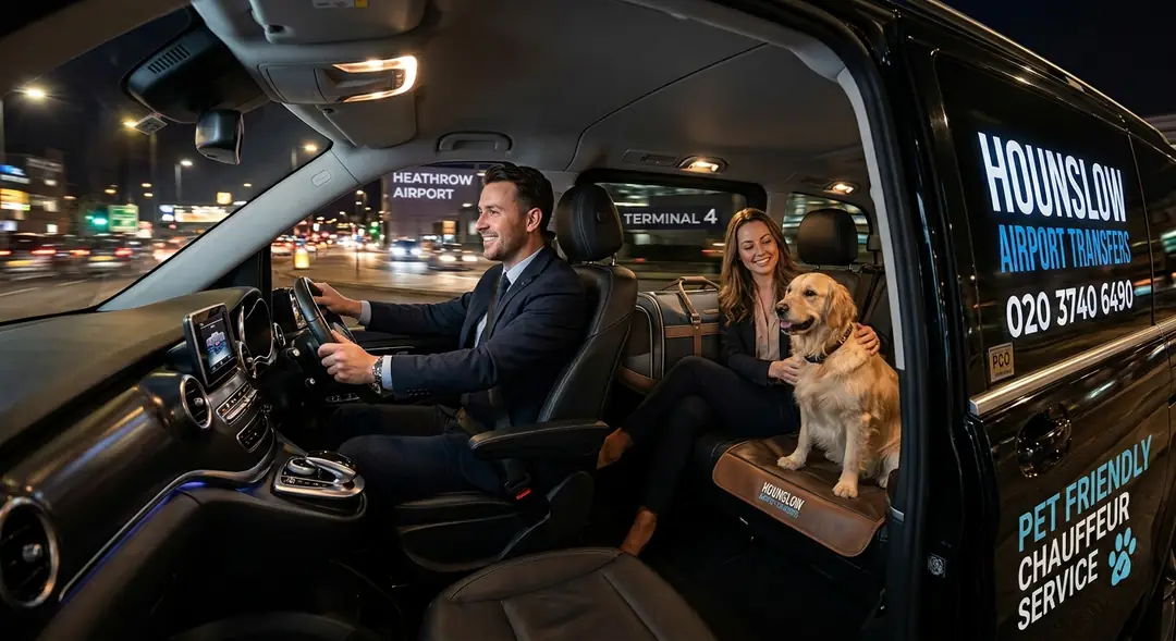 Dog owner travelling in a pet friendly taxi near Osterley Park